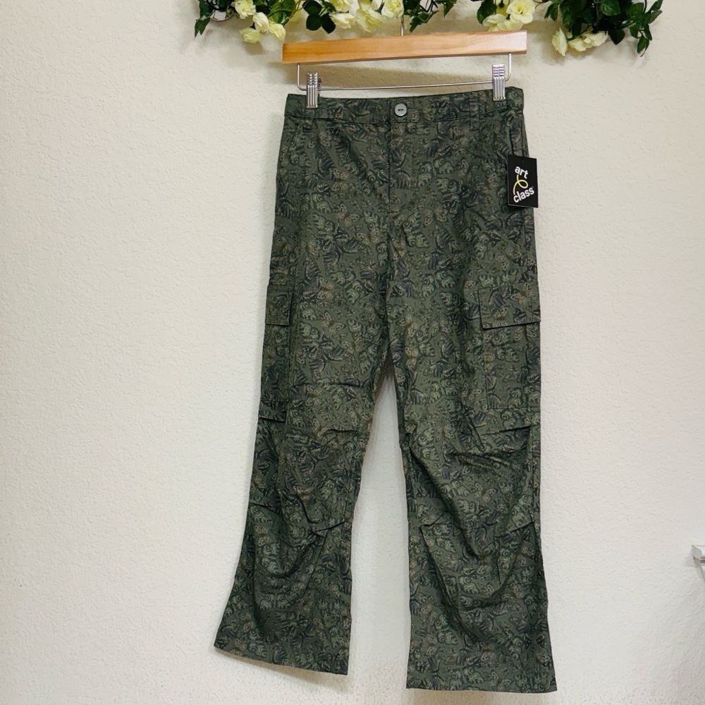 art class • Butterfly Print Olive Cargo Wide Leg Baggy Pants with Large Pockets